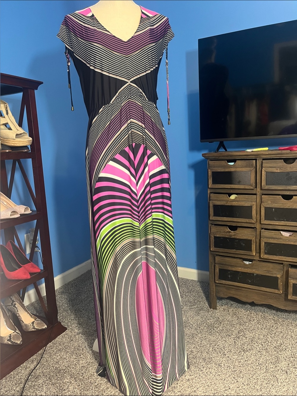 Striped V-Neck Maxi Dress in Pink, Purple & Green, Size 1X
